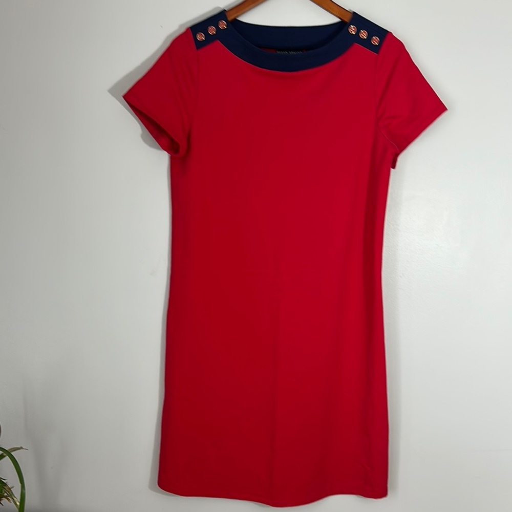 Susan Graver Weekend T-Shirt Dress Red Navy Blue Stretch size XS